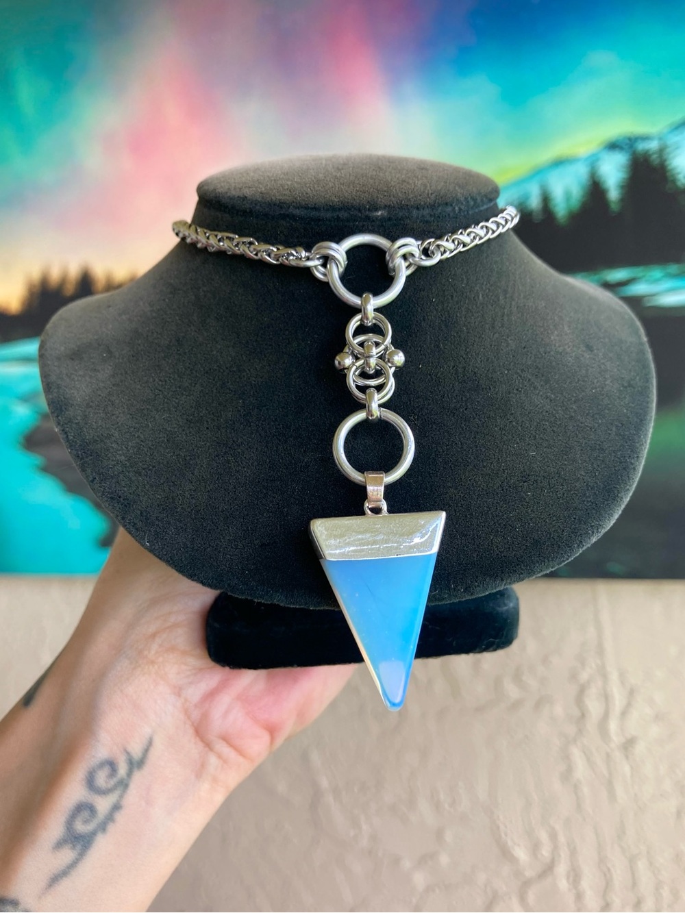 Opalite triangle charm on stainless steel maille celtic knot lariat Y necklace.